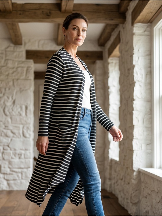 LuLaRoe Sweaters - LuLaRoe Black & White Striped Longline Open Silhouette Cardigan with Pockets